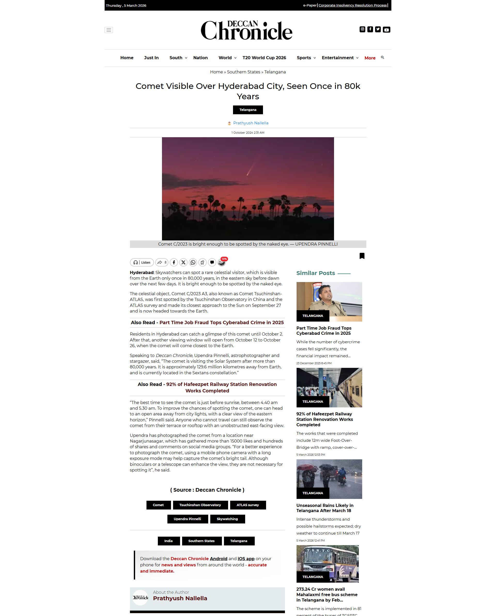 Deccan Chronicle - Comet C/2023 Tsuchinshan-Atlas feature